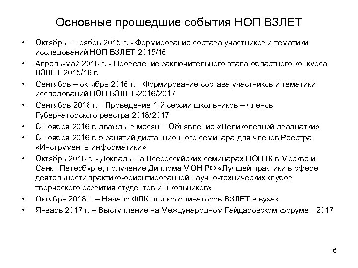 Основные прошедшие события НОП ВЗЛЕТ • • • Октябрь – ноябрь 2015 г. -