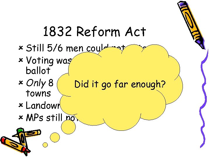 1832 Reform Act û Still 5/6 men could not vote û Voting was still
