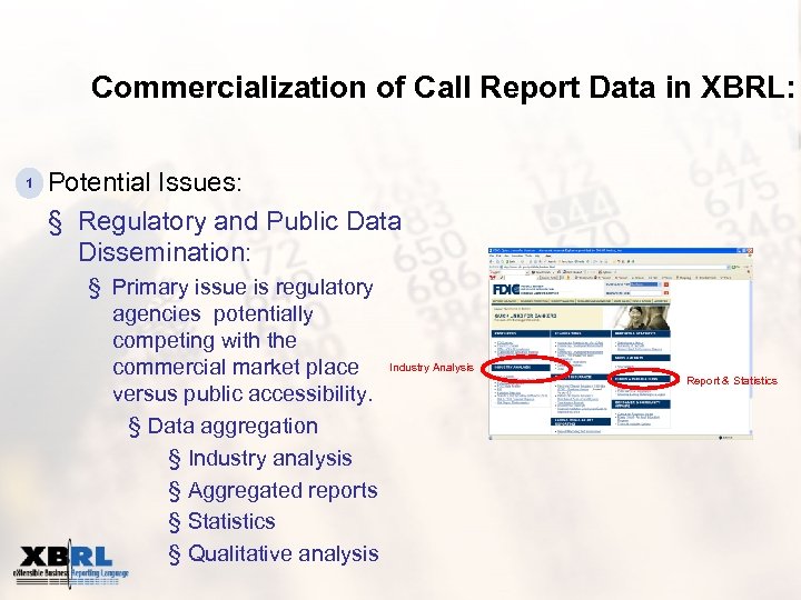 Commercialization of Call Report Data in XBRL: 1 Potential Issues: § Regulatory and Public