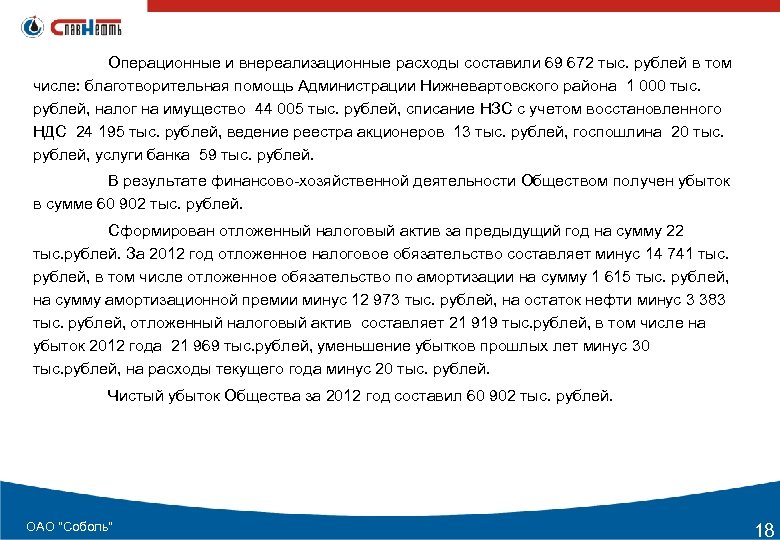 Операционные и внереализационные расходы составили 69 672 тыс. рублей в том числе: благотворительная помощь