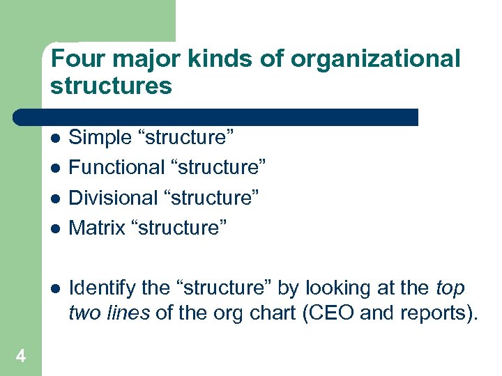 Four major kinds of organizational structures l l l 4 Simple “structure” Functional “structure”