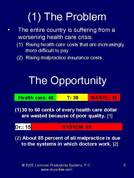 (1) The Problem • The entire country is suffering from a worsening health care