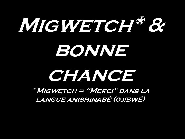 Migwetch* & bonne chance * Migwetch = “Merci” dans la langue anishinabé (ojibwé) 