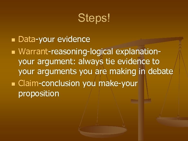 Steps! n n n Data-your evidence Warrant-reasoning-logical explanationyour argument: always tie evidence to your