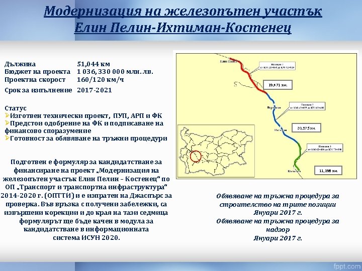 Модернизация на железопътен участък Елин Пелин-Ихтиман-Костенец Дължина 51, 044 км Бюджет на проекта 1