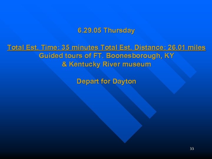 6. 29. 05 Thursday Total Est. Time: 35 minutes Total Est. Distance: 26. 01