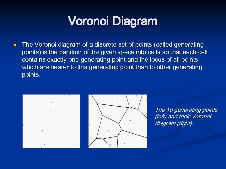 Voronoi Diagram n The Voronoi diagram of a discrete set of points (called generating
