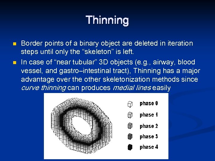 Thinning n n Border points of a binary object are deleted in iteration steps