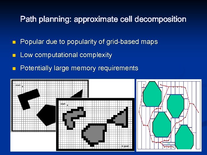 Path planning: approximate cell decomposition n Popular due to popularity of grid-based maps n