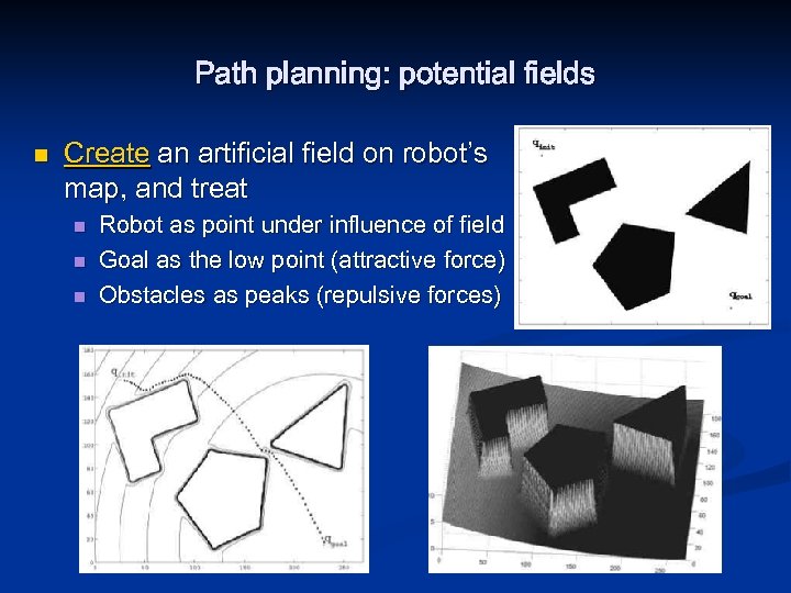 Path planning: potential fields n Create an artificial field on robot’s map, and treat
