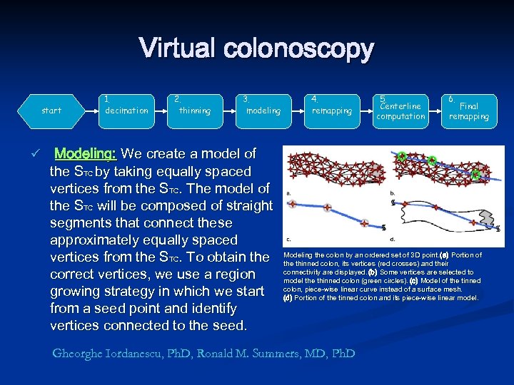 Virtual colonoscopy start ü 1. decimation 2. thinning 3. modeling Modeling: We create a