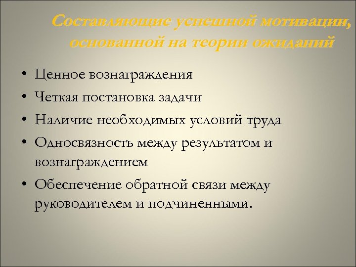 Составляющие успешной мотивации, основанной на теории ожиданий • • Ценное вознаграждения Четкая постановка задачи
