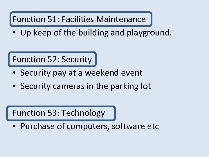 Function 51: Facilities Maintenance • Up keep of the building and playground. Function 52: