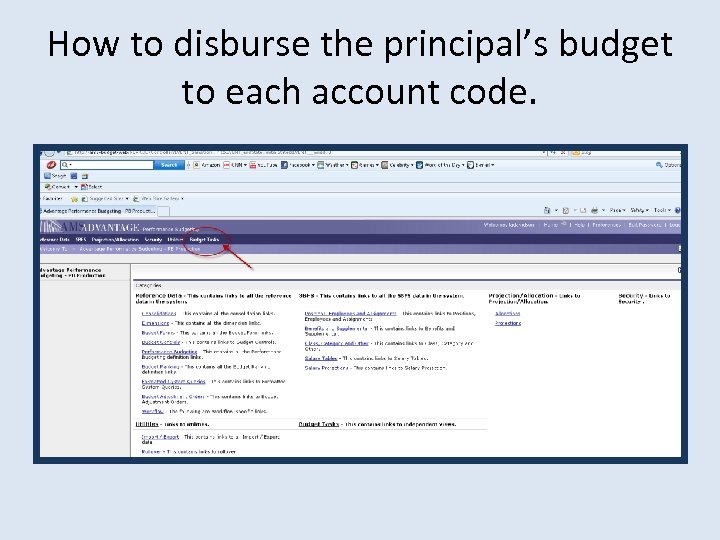 How to disburse the principal’s budget to each account code. 