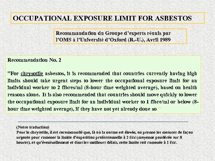 OCCUPATIONAL EXPOSURE LIMIT FOR ASBESTOS Recommandation du Groupe d’experts réunis par l’OMS à l’Université