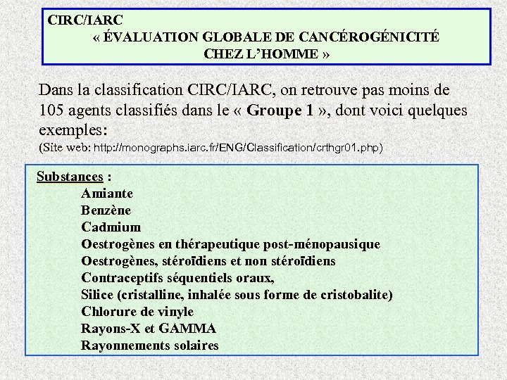 CIRC/IARC « ÉVALUATION GLOBALE DE CANCÉROGÉNICITÉ CHEZ L’HOMME » Dans la classification CIRC/IARC, on