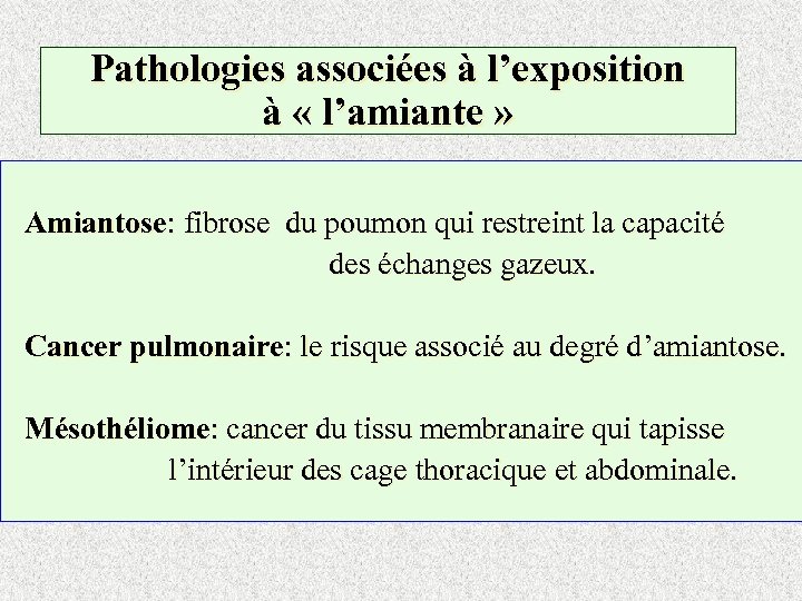 Pathologies associées à l’exposition à « l’amiante » Amiantose: fibrose du poumon qui restreint