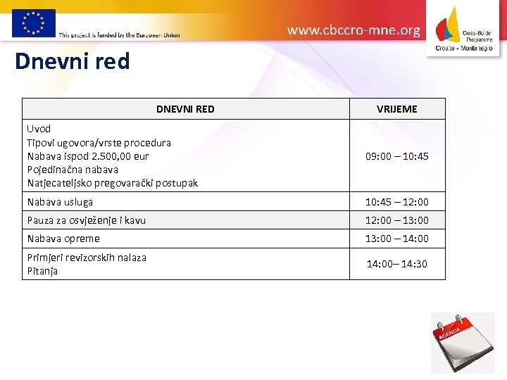 Dnevni red DNEVNI RED VRIJEME Uvod Tipovi ugovora/vrste procedura Nabava ispod 2. 500, 00