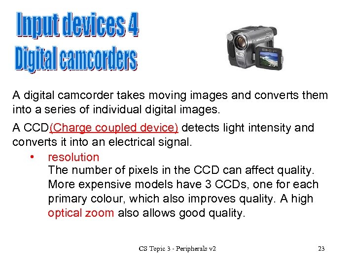 A digital camcorder takes moving images and converts them into a series of individual