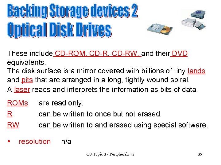 These include CD-ROM, CD-RW, and their DVD equivalents. The disk surface is a mirror