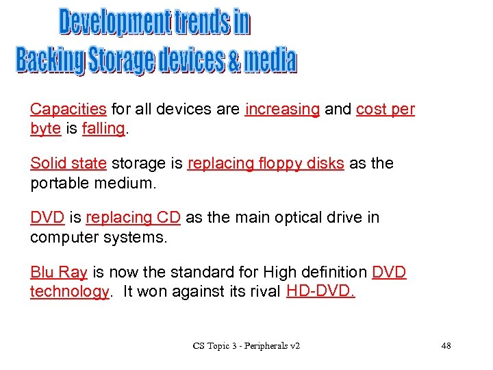 Capacities for all devices are increasing and cost per byte is falling. Solid state