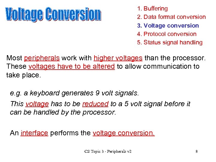 1. Buffering 2. Data format conversion 3. Voltage conversion 4. Protocol conversion 5. Status