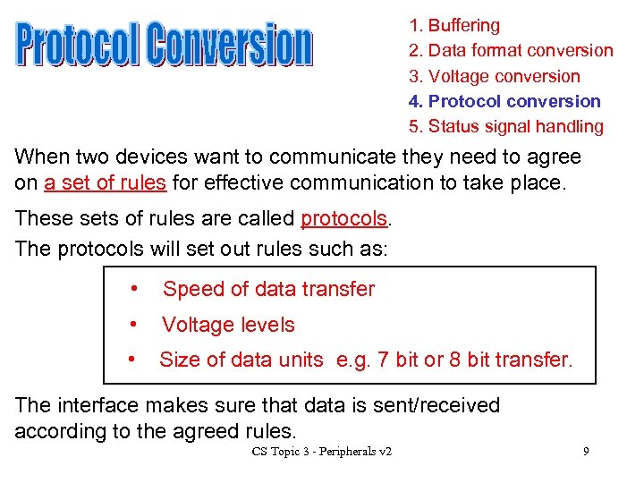 1. Buffering 2. Data format conversion 3. Voltage conversion 4. Protocol conversion 5. Status