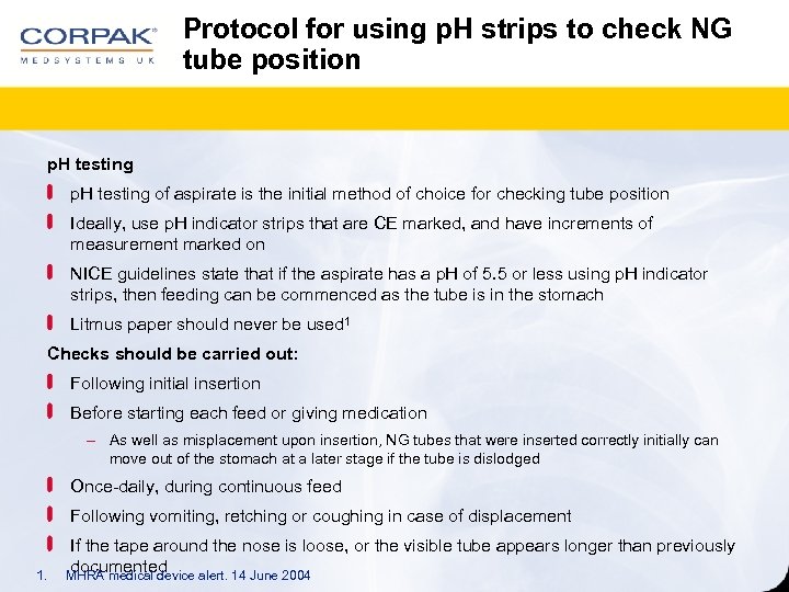 Protocol for using p. H strips to check NG tube position p. H testing