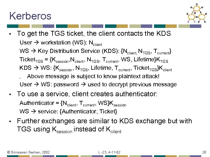 Kerberos • To get the TGS ticket, the client contacts the KDS User workstation