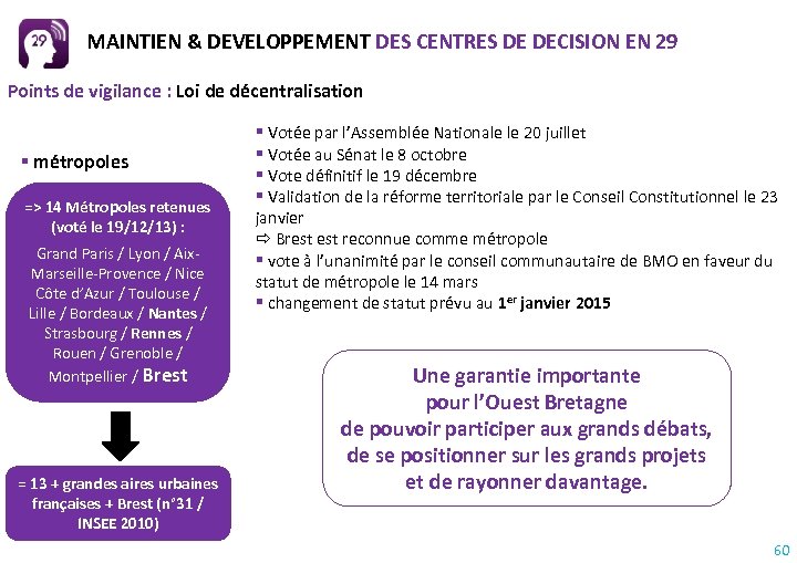 MAINTIEN & DEVELOPPEMENT DES CENTRES DE DECISION EN 29 Points de vigilance : Loi