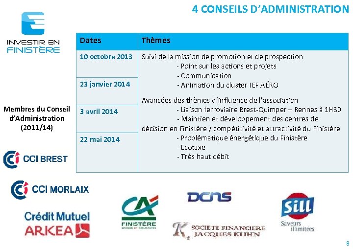 4 CONSEILS D’ADMINISTRATION Dates Thèmes 10 octobre 2013 Suivi de la mission de promotion