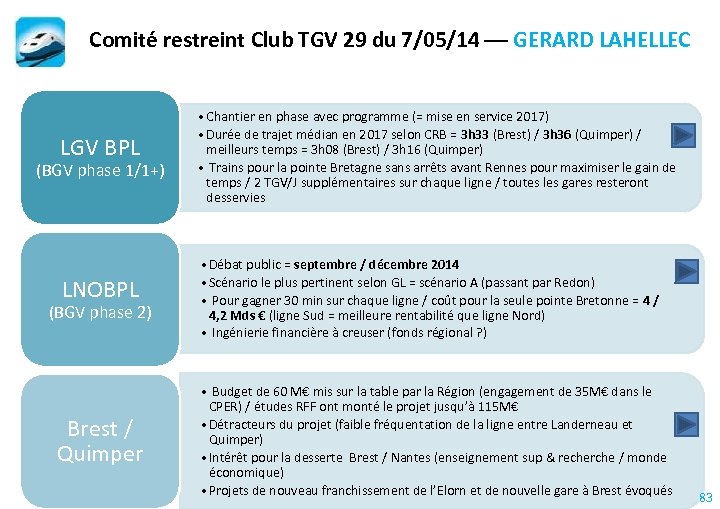 Comité restreint Club TGV 29 du 7/05/14 –– GERARD LAHELLEC LGV BPL (BGV phase