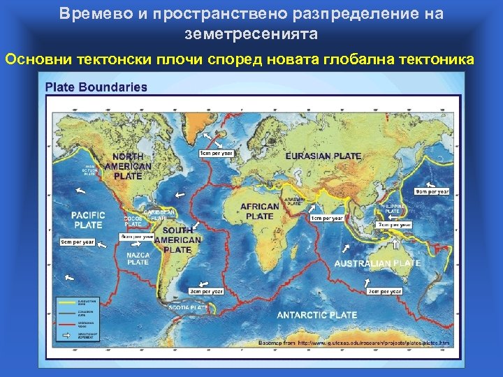 Времево и пространствено разпределение на земетресенията Основни тектонски плочи според новата глобална тектоника 
