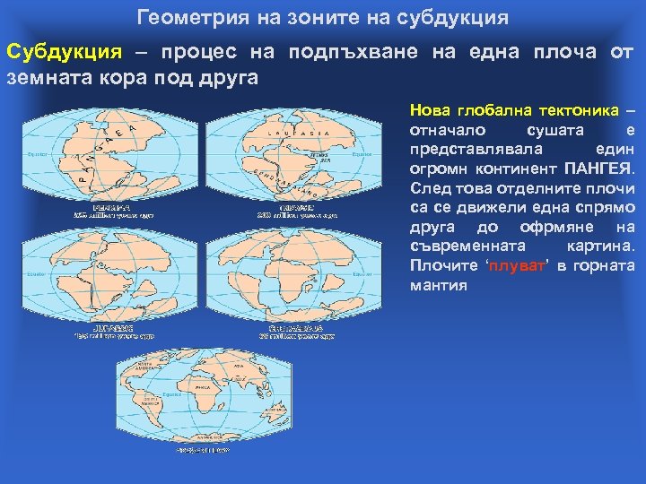 Геометрия на зоните на субдукция Субдукция – процес на подпъхване на една плоча от