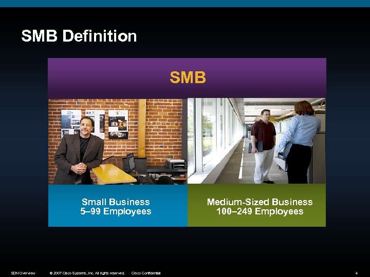 SMB Definition SMB Small Business 5– 99 Employees SDN Overview © 2007 Cisco Systems,