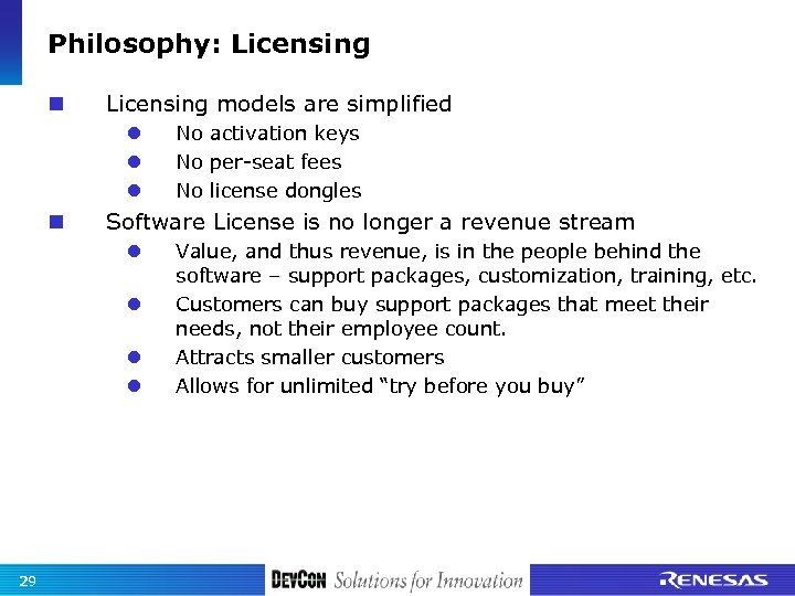 Philosophy: Licensing models are simplified Software License is no longer a revenue stream 29