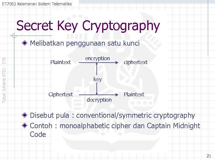 ET 7053 Keamanan Sistem Telematika Secret Key Cryptography Tutun Juhana-STEI - ITB Melibatkan penggunaan