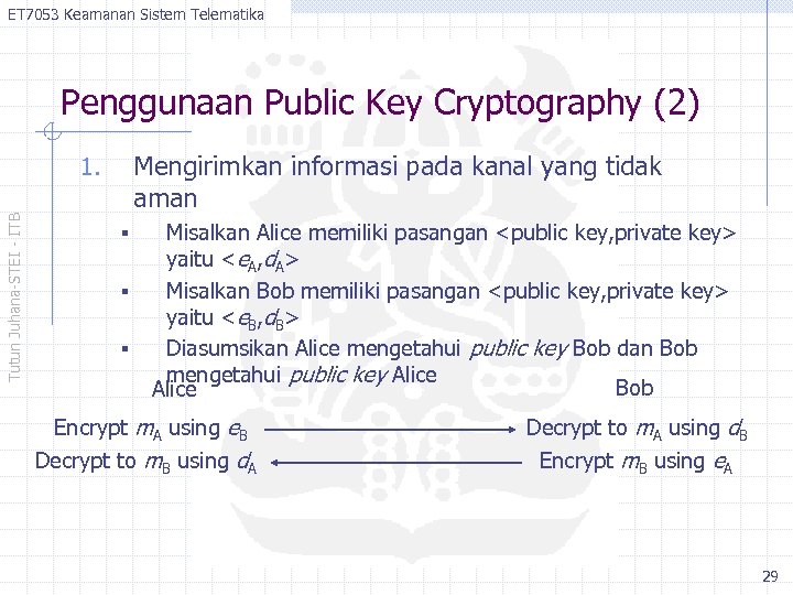 ET 7053 Keamanan Sistem Telematika Penggunaan Public Key Cryptography (2) Mengirimkan informasi pada kanal