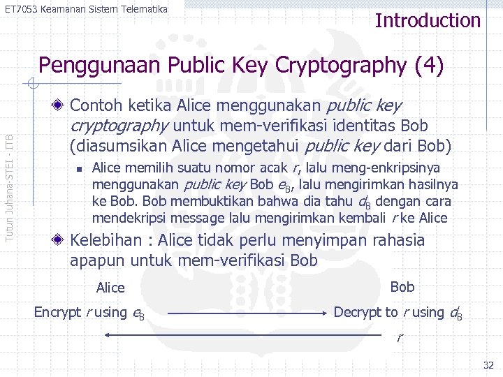 ET 7053 Keamanan Sistem Telematika Introduction Tutun Juhana-STEI - ITB Penggunaan Public Key Cryptography