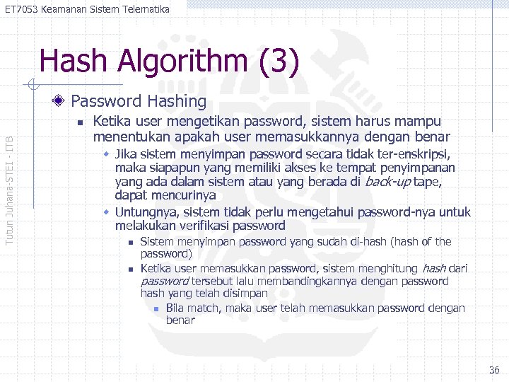 ET 7053 Keamanan Sistem Telematika Hash Algorithm (3) Password Hashing Tutun Juhana-STEI - ITB