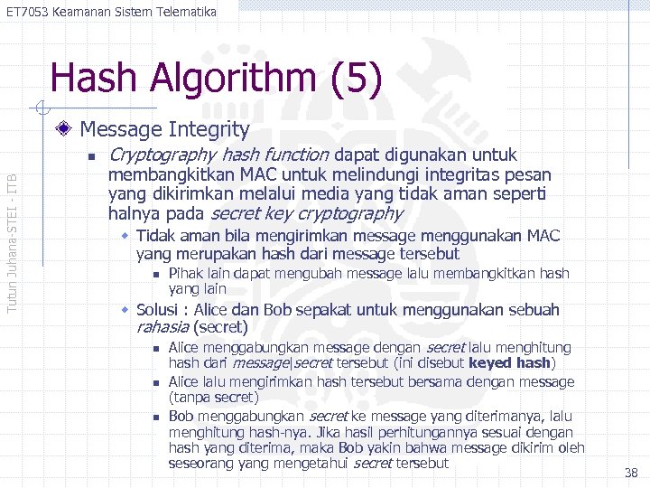 ET 7053 Keamanan Sistem Telematika Hash Algorithm (5) Message Integrity Tutun Juhana-STEI - ITB