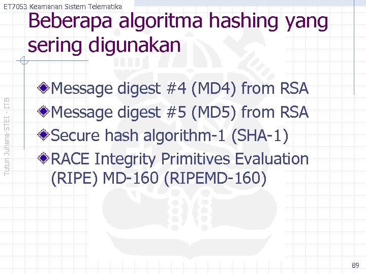 ET 7053 Keamanan Sistem Telematika Tutun Juhana-STEI - ITB Beberapa algoritma hashing yang sering