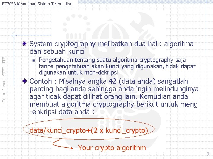 ET 7053 Keamanan Sistem Telematika Tutun Juhana-STEI - ITB System cryptography melibatkan dua hal