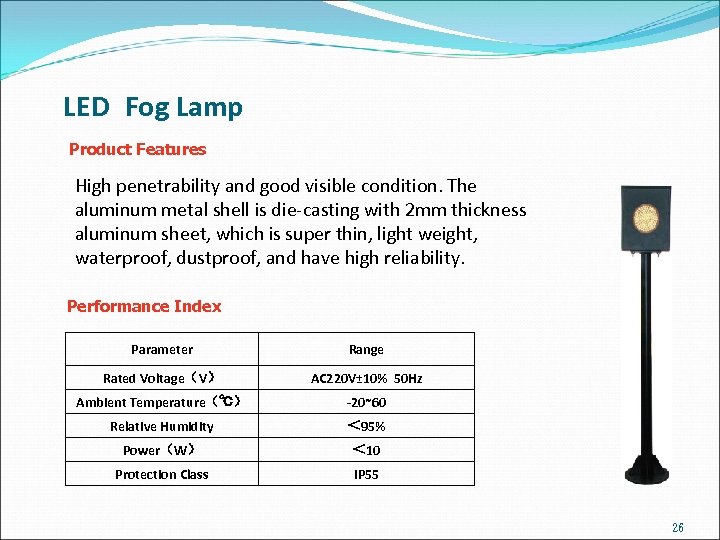 LED Fog Lamp Product Features High penetrability and good visible condition. The aluminum metal