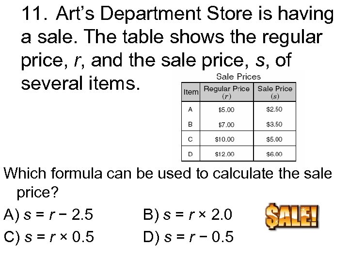 11. Art’s Department Store is having a sale. The table shows the regular price,