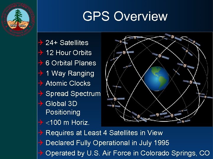 GPS Overview Q 24+ Satellites Q 12 Hour Orbits Q 6 Orbital Planes Q