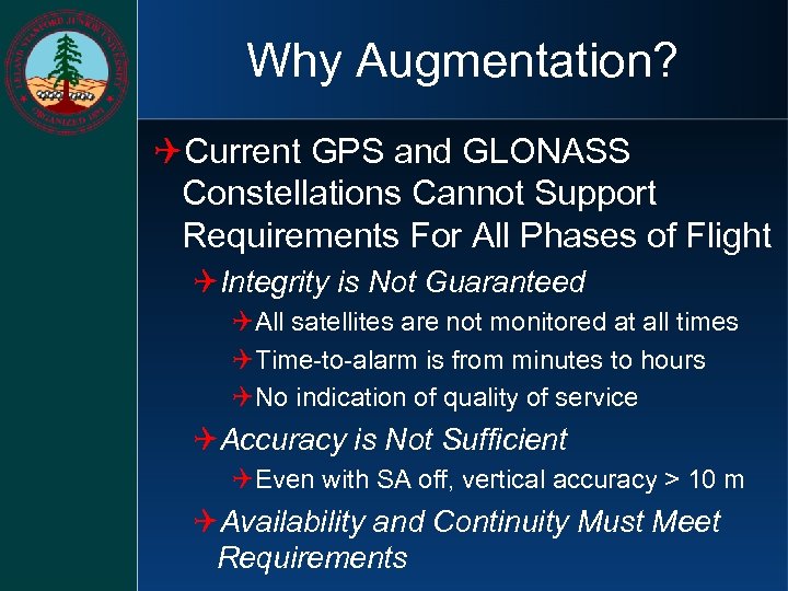 Why Augmentation? QCurrent GPS and GLONASS Constellations Cannot Support Requirements For All Phases of