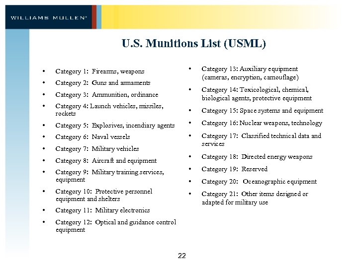U. S. Munitions List (USML) • Category 13: Auxiliary equipment (cameras, encryption, camouflage) •