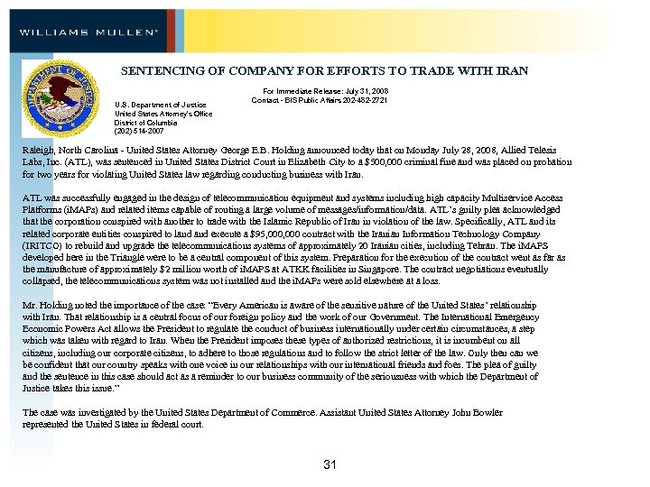 SENTENCING OF COMPANY FOR EFFORTS TO TRADE WITH IRAN U. S. Department of Justice