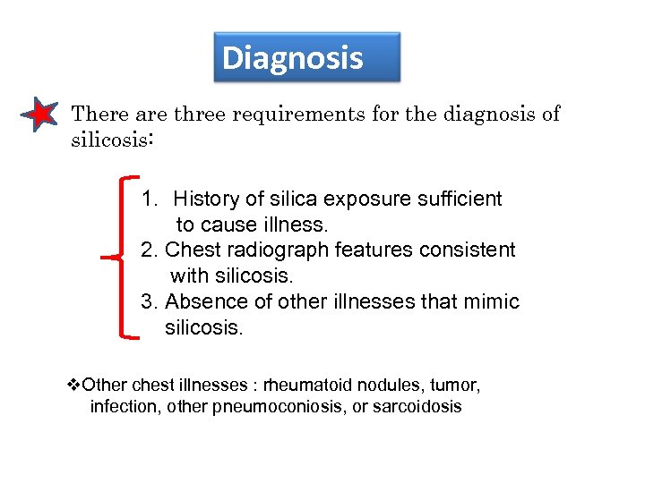 Diagnosis There are three requirements for the diagnosis of silicosis: 1. History of silica